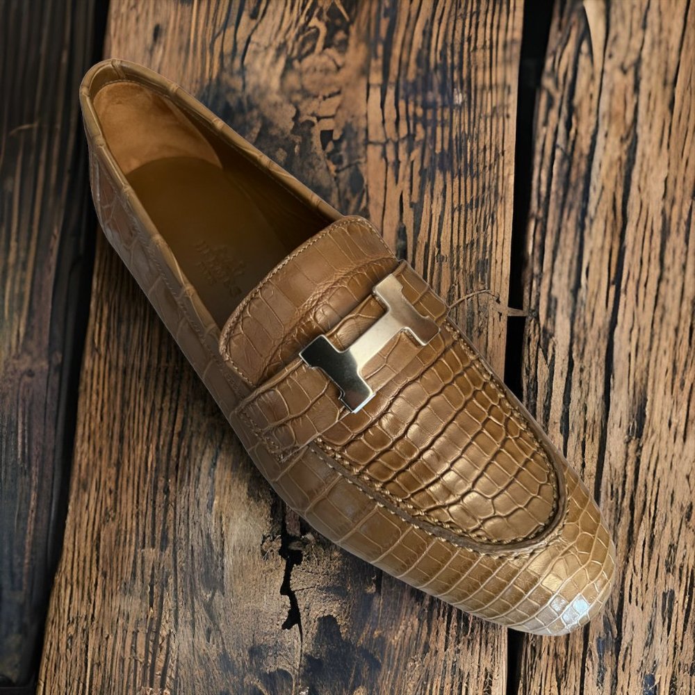 Hermes Shiny Taupe Niloticus Crocodile Signature H Paris Loafer EU size 37 Shoe - Picture 3 of 10